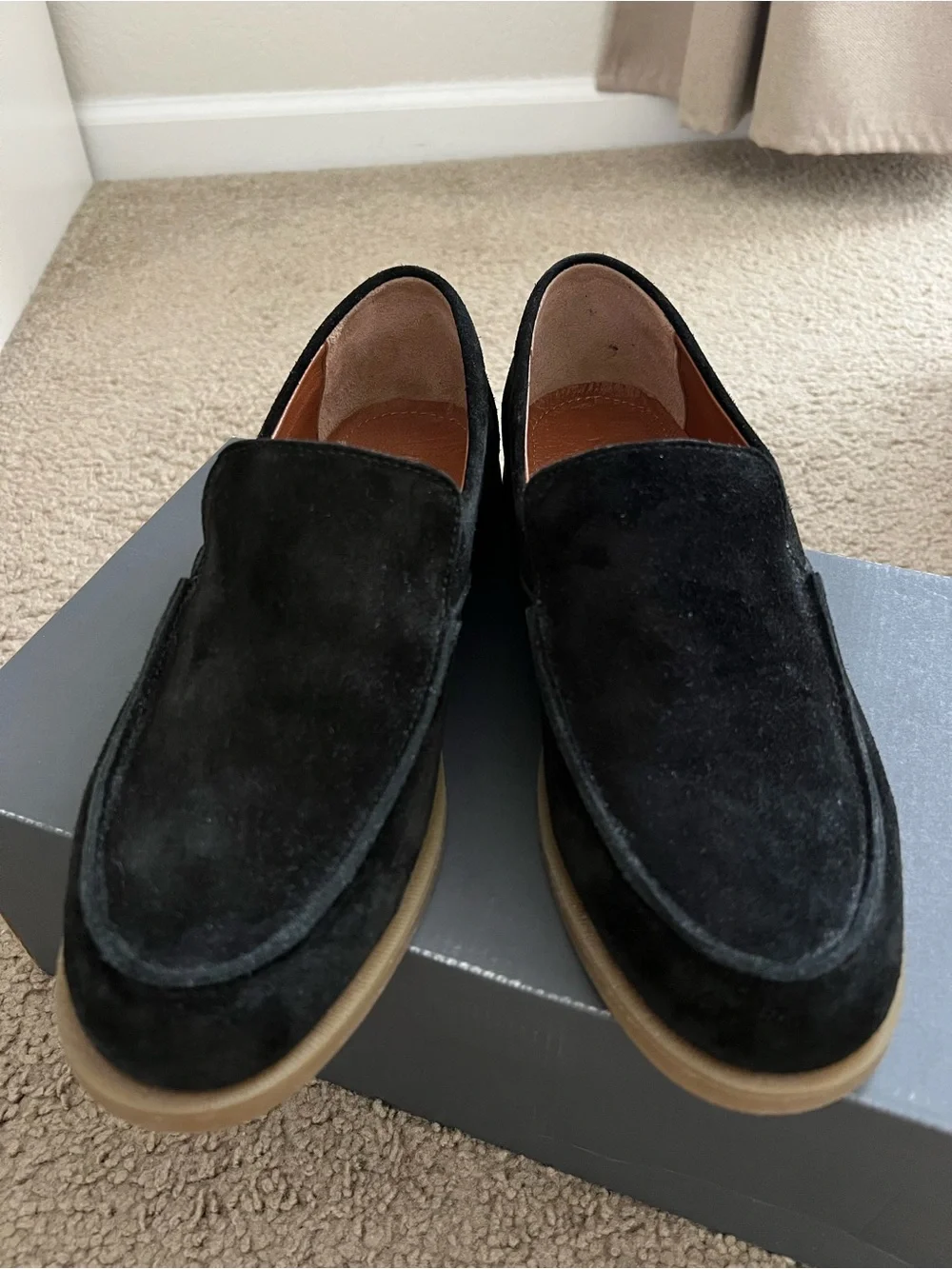 Noyon Black Suede Slip-On Loafers with Brown Rubber Sole